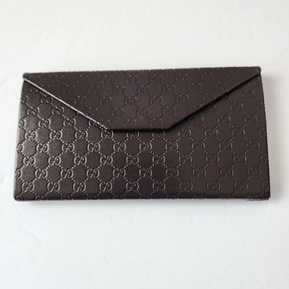 Gucci Folding Glasses Case Trifold Logo Brown Leather Snap Closure Vintage - Picture 1 of 13